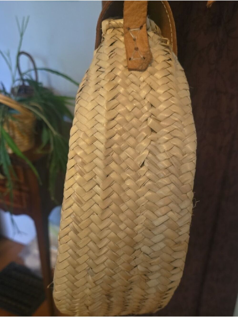 Woven Straw Circle Adjustable Crossbody Bag with Tan Leather Tassel Flap - Picture 6 of 10